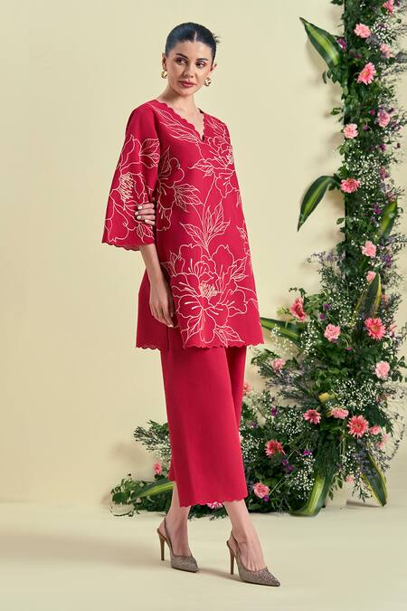Origani_Red Linen Floral Embroidered Pant _Online_at_Aza_Fashions
