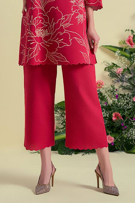 Buy_Origani_Red Linen Floral Embroidered Pant _Online_at_Aza_Fashions