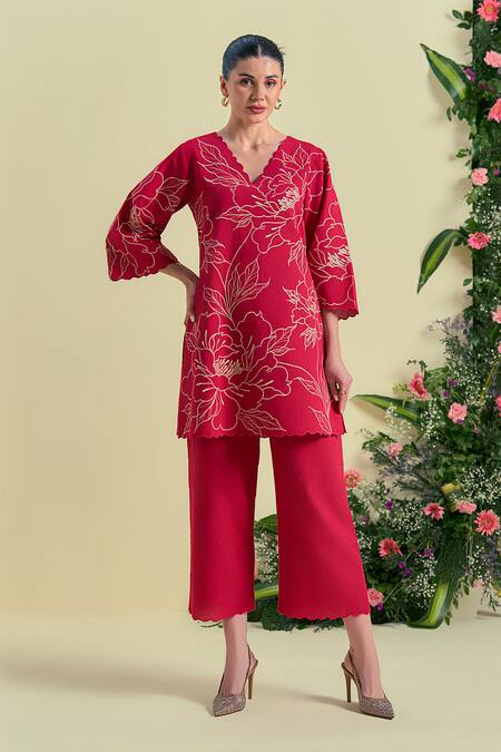 Shop_Origani_Red Linen Floral Embroidered Pant _Online_at_Aza_Fashions