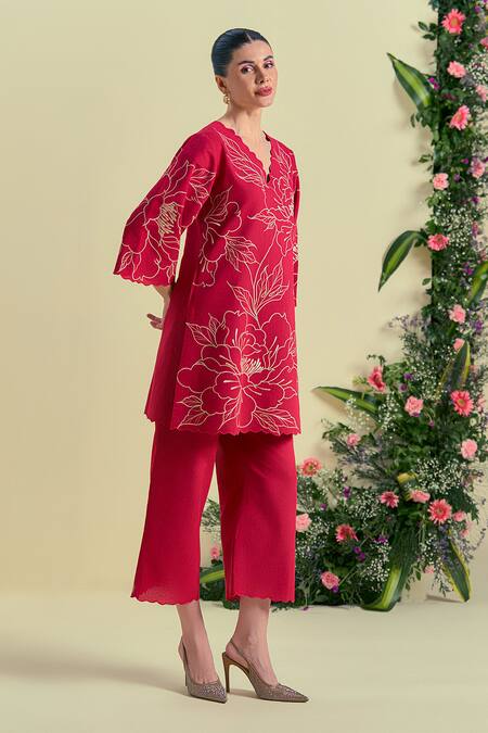 Origani_Red Linen Floral Embroidered Pant _at_Aza_Fashions