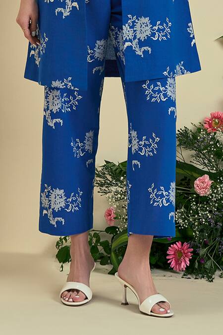 Origani_Blue Linen Embroidery Collared, Round Neck Thread Jacket Set _Online_at_Aza_Fashions