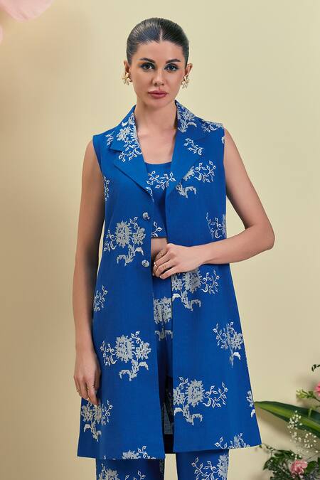Buy_Origani_Blue Linen Embroidery Collared, Round Neck Thread Jacket Set _Online_at_Aza_Fashions