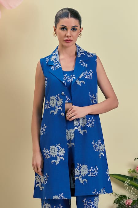 Origani Blue Linen Embroidery Collared Thread Jacket