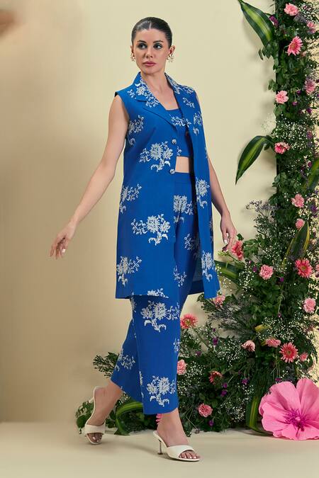 Buy_Origani_Blue Linen Embroidery Collared Thread Jacket _Online_at_Aza_Fashions