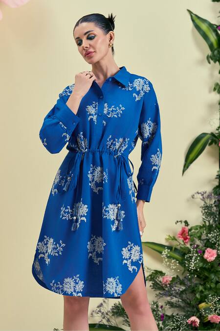 Origani_Blue Linen Embroidery Collared Thread Dress _Online_at_Aza_Fashions