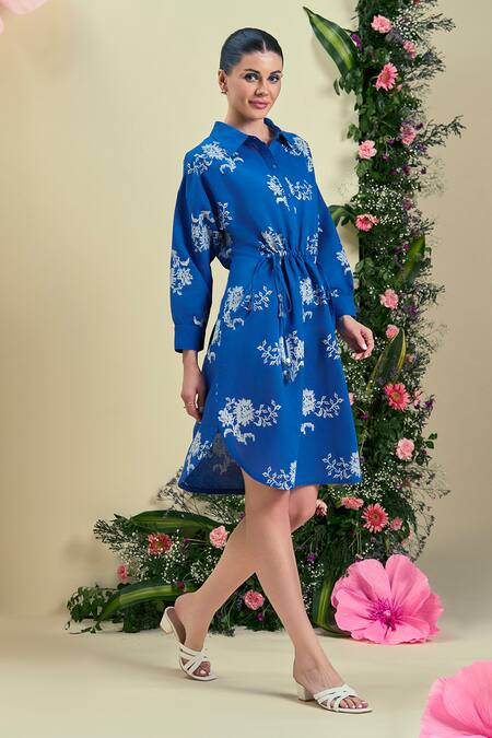 Buy_Origani_Blue Linen Embroidery Collared Thread Dress _Online_at_Aza_Fashions