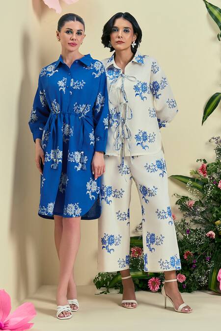 Shop_Origani_Blue Linen Embroidery Collared Thread Dress _Online_at_Aza_Fashions