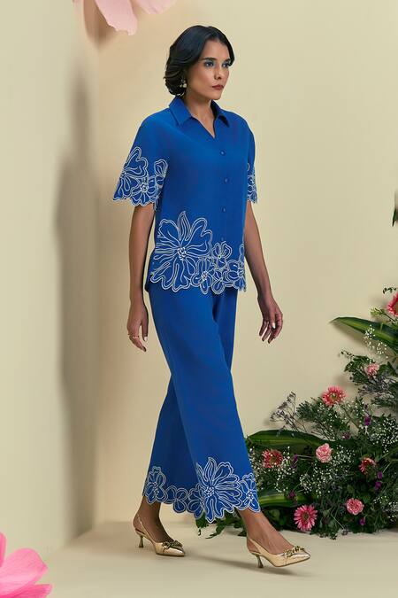 Origani_Blue Linen Embroidery Collared Thread Shirt And Pant Set _Online_at_Aza_Fashions