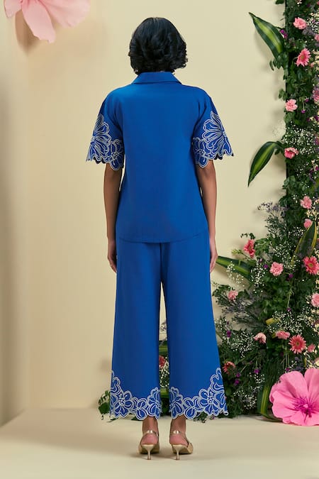 Origani Blue Thread Embroidered Shirt & Pant Set 