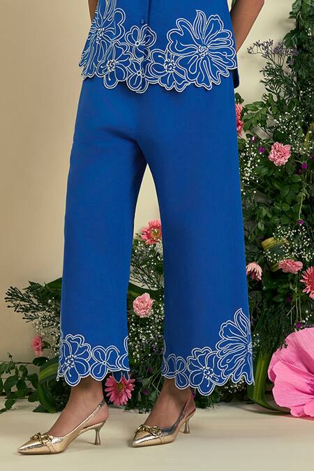 Buy_Origani_Blue Linen Embroidery Collared Thread Shirt And Pant Set _Online_at_Aza_Fashions
