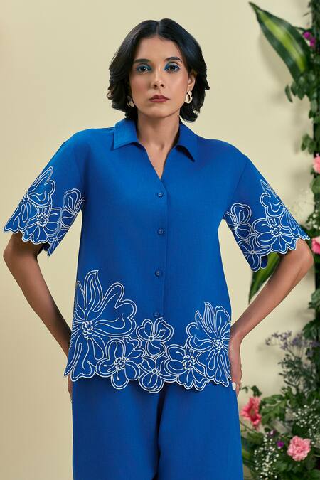 Shop_Origani_Blue Linen Embroidery Collared Thread Shirt And Pant Set _Online_at_Aza_Fashions