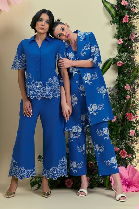 Origani_Blue Linen Embroidery Collared Thread Shirt And Pant Set _at_Aza_Fashions