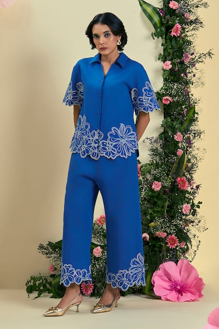 Origani Blue Linen Embroidery Collared Thread Shirt And Pant Set