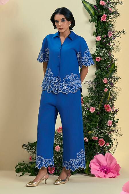 Shop_Origani_Blue Linen Embroidery Thread Pant _Online_at_Aza_Fashions