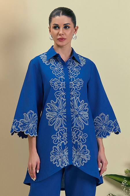 Origani_Blue Linen Embroidery Thread Designer Pant _Online_at_Aza_Fashions