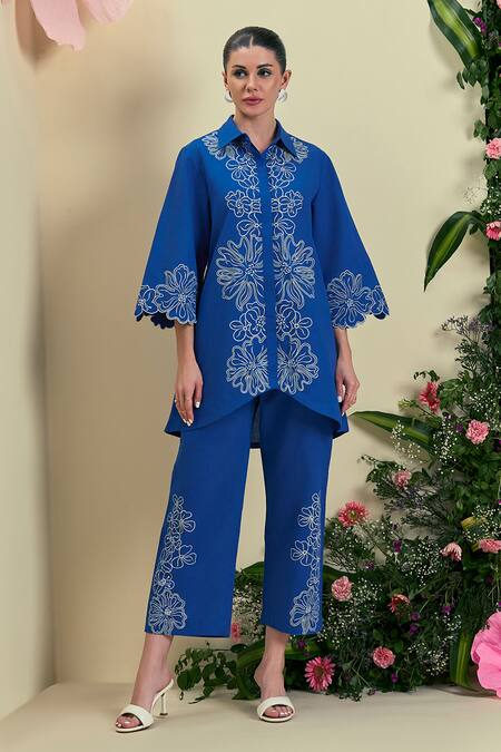 Buy_Origani_Blue Linen Embroidery Thread Designer Pant _Online_at_Aza_Fashions