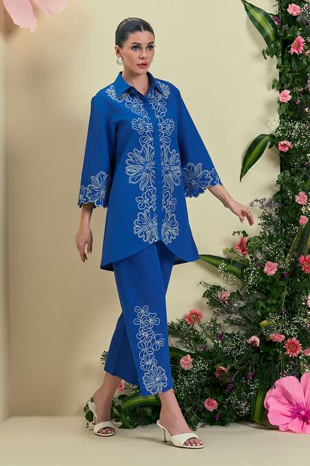 Origani_Blue Linen Embroidery Thread Designer Pant _at_Aza_Fashions