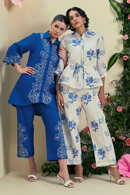 Buy_Origani_Blue Linen Embroidery Thread Designer Pant 