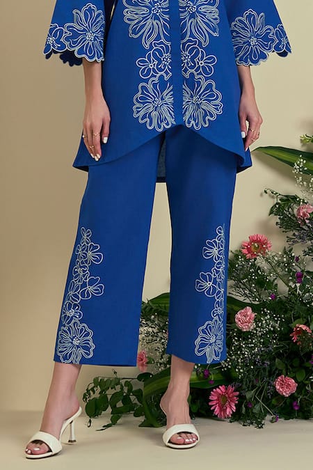 Buy_Origani_Blue Linen Embroidery Collared Thread Shirt _Online_at_Aza_Fashions