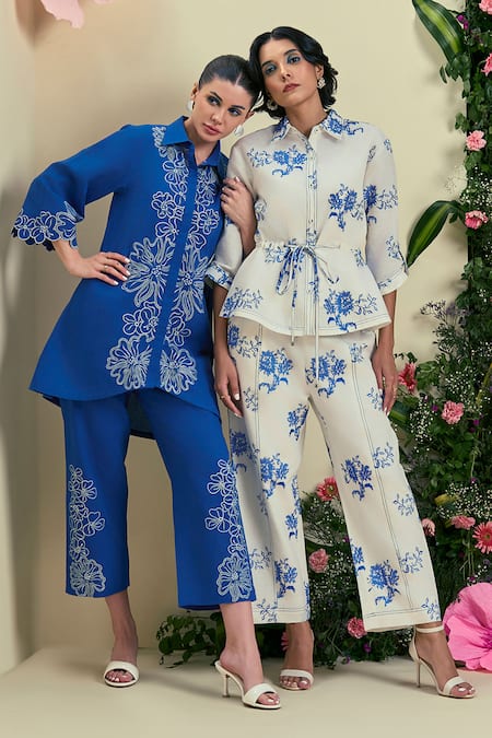 Shop_Origani_Blue Linen Embroidery Collared Thread Shirt _Online_at_Aza_Fashions