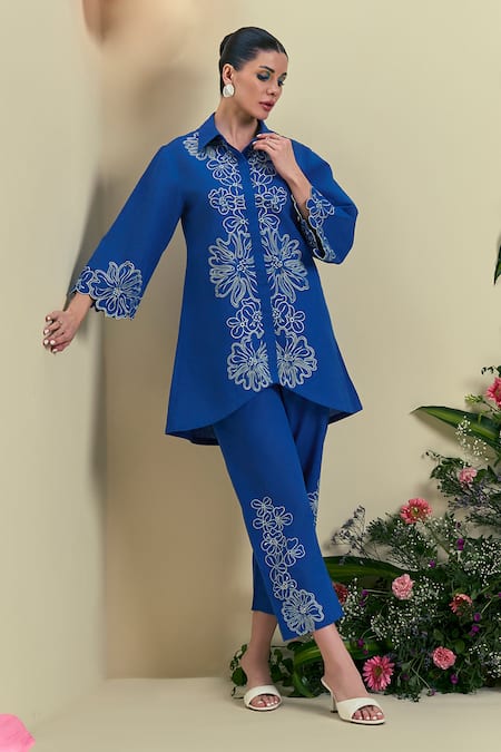 Origani_Blue Linen Embroidery Collared Thread Shirt _at_Aza_Fashions
