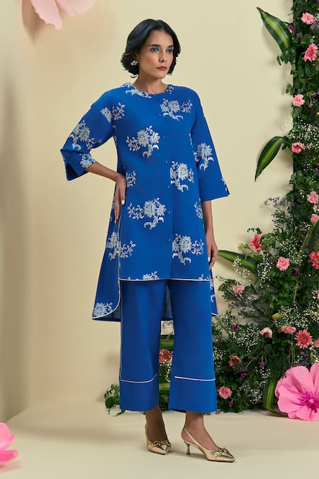 Origani Blue Linen Embroidery Round Neck Thread Tunic And Pant Set