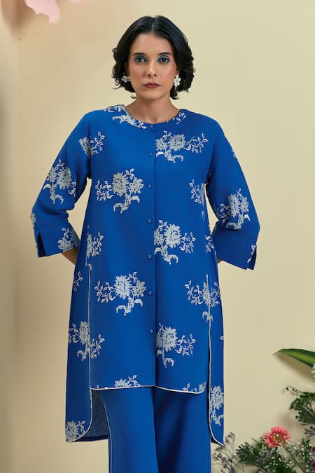 Buy_Origani_Blue Linen Embroidery Round Neck Thread Tunic And Pant Set _Online_at_Aza_Fashions