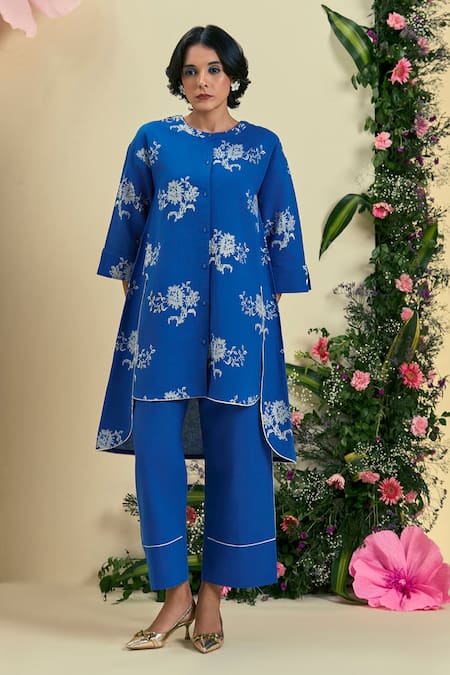 Shop_Origani_Blue Linen Embroidery Round Neck Thread Tunic And Pant Set _Online_at_Aza_Fashions