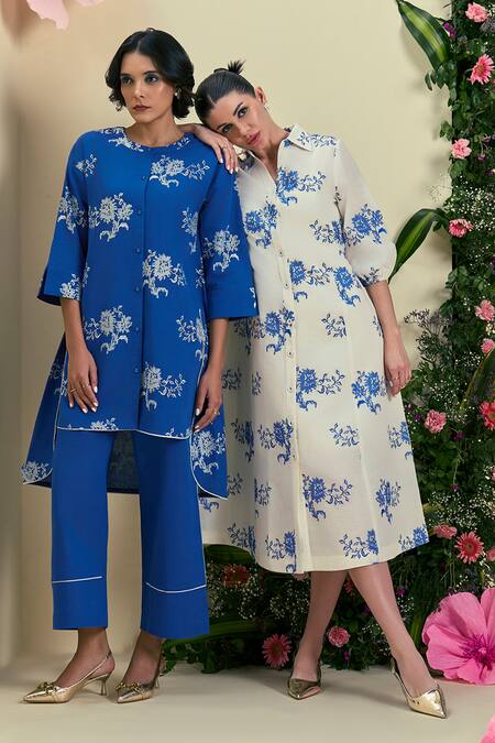 Origani_Blue Linen Embroidery Round Neck Thread Tunic And Pant Set _at_Aza_Fashions