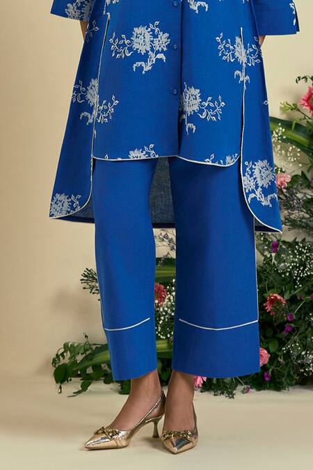 Origani_Blue Linen Blend Designer Pant _Online_at_Aza_Fashions