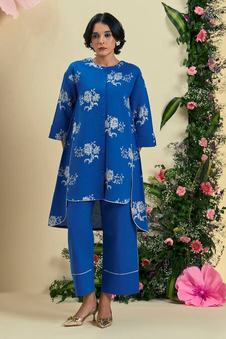 Origani_Blue Linen Embroidery Round Neck Thread Tunic _Online_at_Aza_Fashions