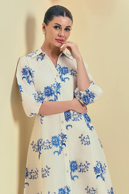 Origani_Off White Linen Embroidery Collared Thread Dress _Online_at_Aza_Fashions