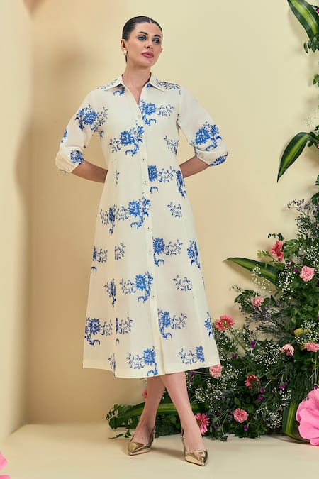 Origani Off White Linen Embroidery Collared Thread Dress