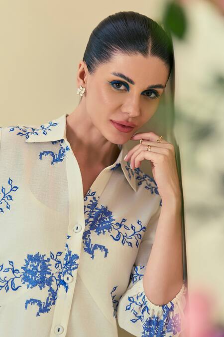 Buy_Origani_Off White Linen Embroidery Collared Thread Dress _Online_at_Aza_Fashions