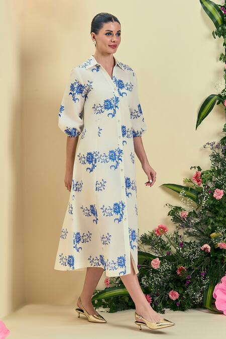 Shop_Origani_Off White Linen Embroidery Collared Thread Dress _Online_at_Aza_Fashions