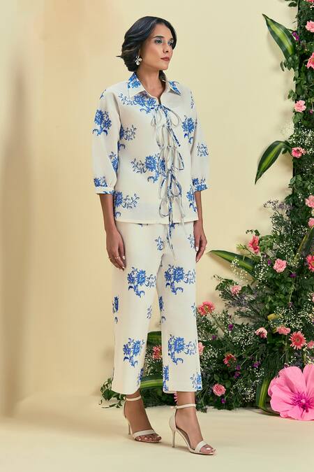 Buy_Origani_Off White Linen Embroidery Collared Thread Shirt And Pant Set _Online_at_Aza_Fashions