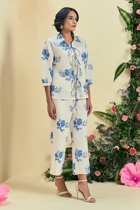 Shop_Origani_Off White Linen Embroidery Collared Thread Shirt And Pant Set _Online_at_Aza_Fashions