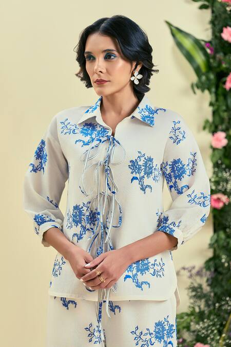 Origani_Off White Linen Embroidery Collared Thread Shirt And Pant Set _at_Aza_Fashions