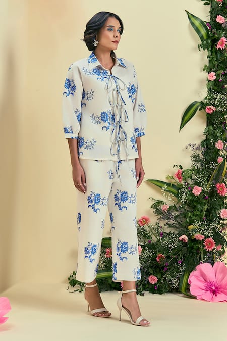 Origani_Off White Linen Embroidery Thread Pant _Online_at_Aza_Fashions