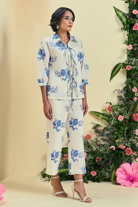 Origani_Off White Linen Embroidery Collared Thread Shirt _Online_at_Aza_Fashions