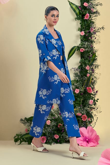 Origani_Blue Linen Embroidery Collared, Round Neck Thread Jacket Set _Online_at_Aza_Fashions