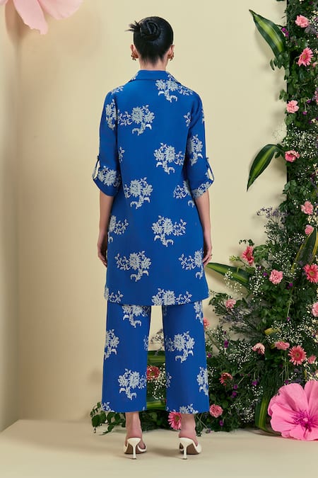 Origani Blue Thread Embroidered Jacket Set 