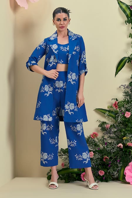 Origani Blue Linen Embroidery Collared Thread Jacket
