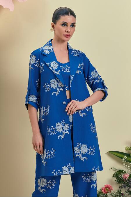 Origani_Blue Linen Embroidery Collared Thread Jacket _Online_at_Aza_Fashions