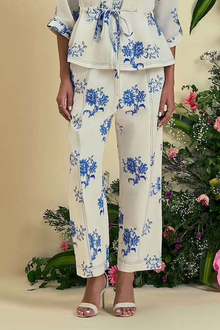 Origani_Off White Embroidery Collared Floral Shirt And Pant Set _Online_at_Aza_Fashions