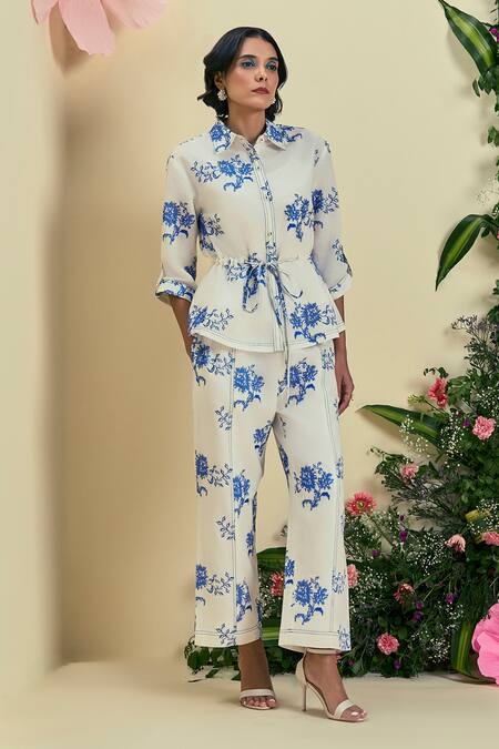 Origani_Off White Linen Embroidery Collared Floral Thread Shirt _Online_at_Aza_Fashions