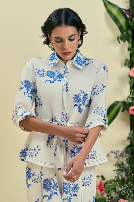 Origani Off White Linen Embroidery Collared Floral Thread Shirt 