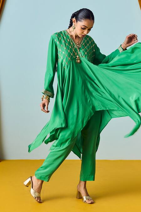 Prahnaaya Green Crepe, Silk Beads, Sequins Round Neck Sage Asymmetric Kurta Set Online at Aza Fashions Prahnaaya_Green Crepe, Silk Beads, Sequins Round Neck Sage Asymmetric Kurta Set _Online_at_Aza_Fashions