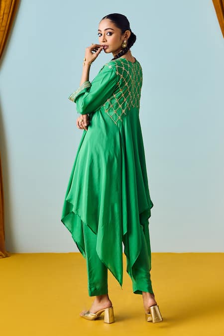Shop Prahnaaya Green Crepe, Silk Beads, Sequins Round Neck Asymmetric Kurta Set at Aza Fashions Shop_Prahnaaya_Green Crepe, Silk Beads, Sequins Round Neck Asymmetric Kurta Set _at_Aza_Fashions