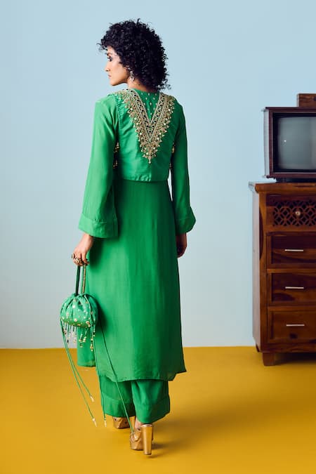 Shop Prahnaaya Green Crepe, Silk Beads, Sequins, Embroidery Round Tora Three-piece Jacket Set at Aza Fashions Shop_Prahnaaya_Green Crepe, Silk Beads, Sequins, Embroidery Round Tora Three-piece Jacket Set _at_Aza_Fashions